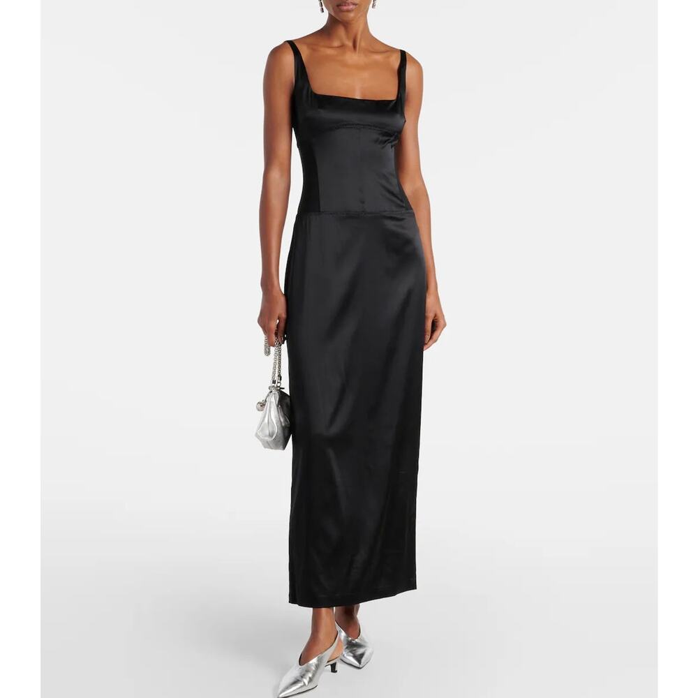 SIR. Black Sonora Satin Silk Evening Midi Dress 0P NEW Sleeveless Square Neck